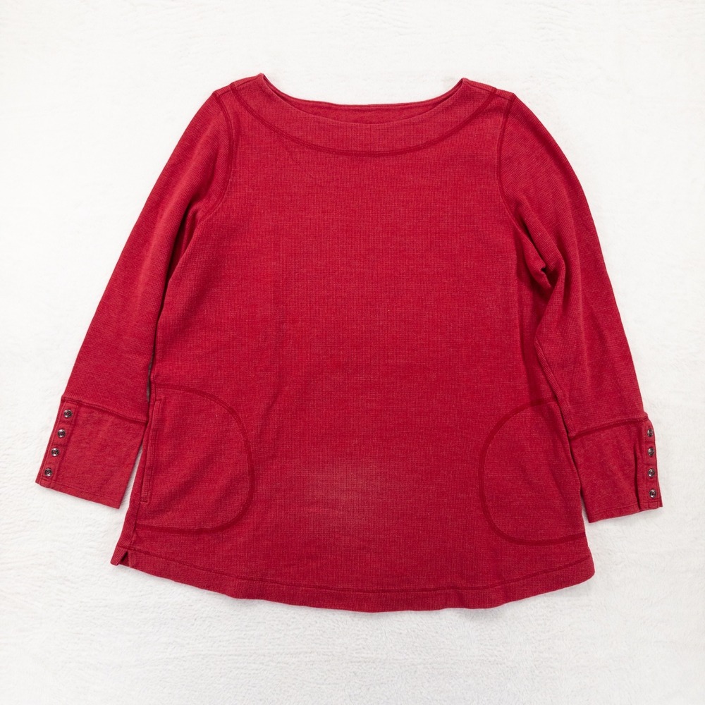 J.Jill Womens Thermal Knit Top L Red Boat Neck Button Cuff Pockets Waffle Shirt